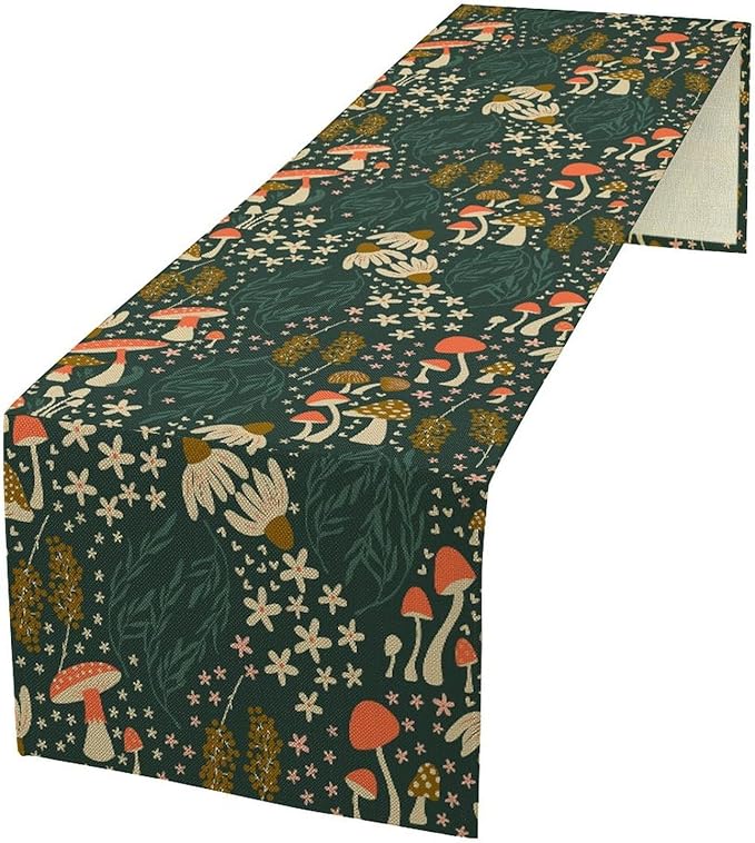 Mushroom Table Runner, Cartoon Woodland Summer Flowers Plants Forest Seasonal Spring Kitchen Dining Table Decoration for Home Party Decor, 13x36inch