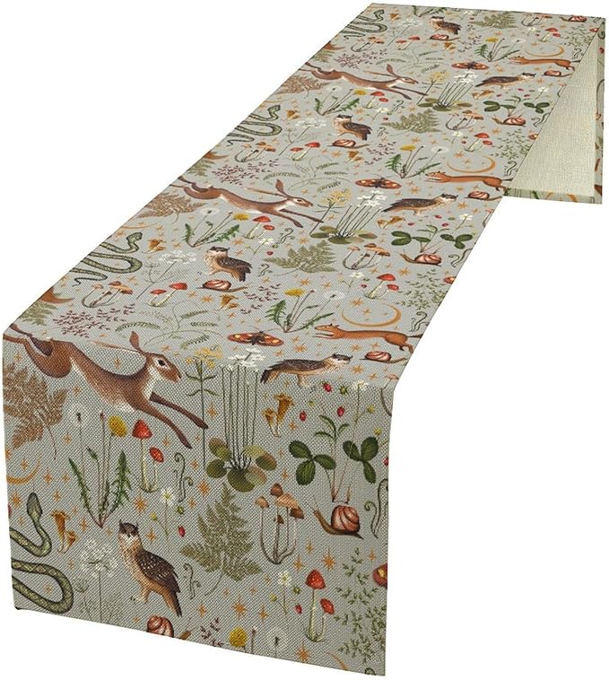 Rustic Forest Table Runner, Retro Country Wild Animals Hare Squirrel Owl Snake Snail Flowers Mushroom Print Table Cover for Home Holiday Party Indoor Outdoor, 13x90inch