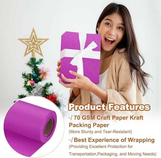 PATIKIL Wrapping Paper, 15" x 394"(33') 70 GSM Craft Paper Roll Kraft Packing Paper for Poster Bulletin Board, Gift Wrapping, Purple