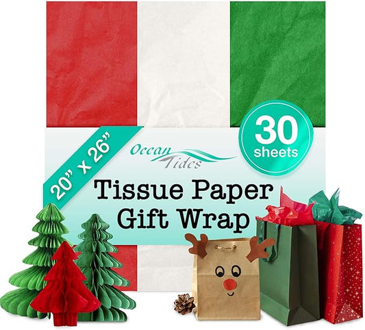 Ocean Tides 30 Sheets (20x26 Inches) Christmas Wrapping Paper – Gift Wrapping Tissue Paper Bulk for Crafts, Birthdays & Holidays – Colored Tissue Papers for Gift Bags & Decorations, Red, White, Green