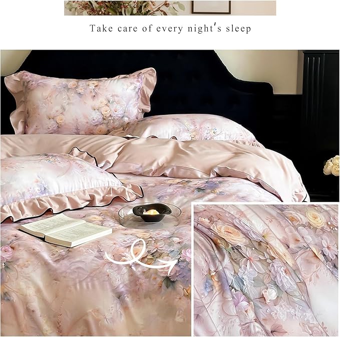 HighBuy Ruffle Floral Bedding Duvet Cover King,Durable Brushed Cotton Breathable Cottagecore Bedding Set for Women Girls,1 King 104"x90" Duvet Cover and 2 Ruffle Pillowcases