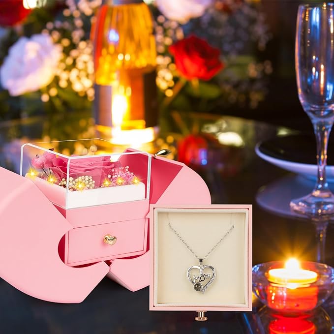 Gifts for Mom from Daughter and Son, Unique Mother Birthday Gift Idea, Preserved Pink Real Roses with I Love You in 100 Languages Mom Necklace, Cool Present to Mother Mama-Pink