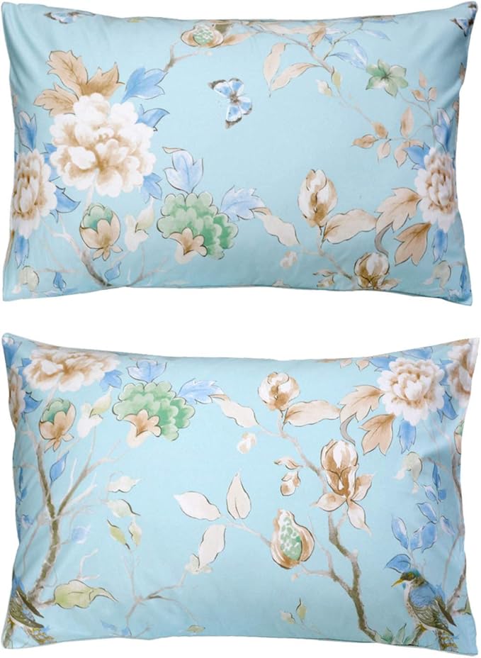 FADFAY Floral Bedding Shabby Blue Bird Print Bed Sheet Set Luxury Bedding Collections 800 Thread Count 100% Egyptian Cotton Deep Pocket, 4 Piece-Full Size
