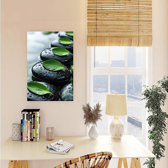 Glittering black stone cluster with fresh green leaves and water drops poster tranquil mist rain wall art zen wall art suitable for modern minimalist home decor 24x36in Frameless