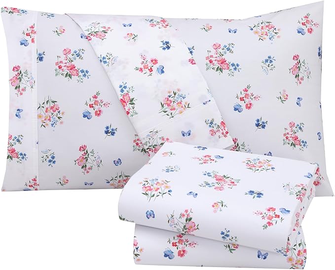 RUVANTI 100% Cotton Full Size Bed Sheets, 4 Pieces, Soft & Breathable Percale Weave Bedding, Deep Pocket 16", Hotel Standard, Crisp Cool Feel, Durable, Perfect Sheet Set Floral, Funa Flora