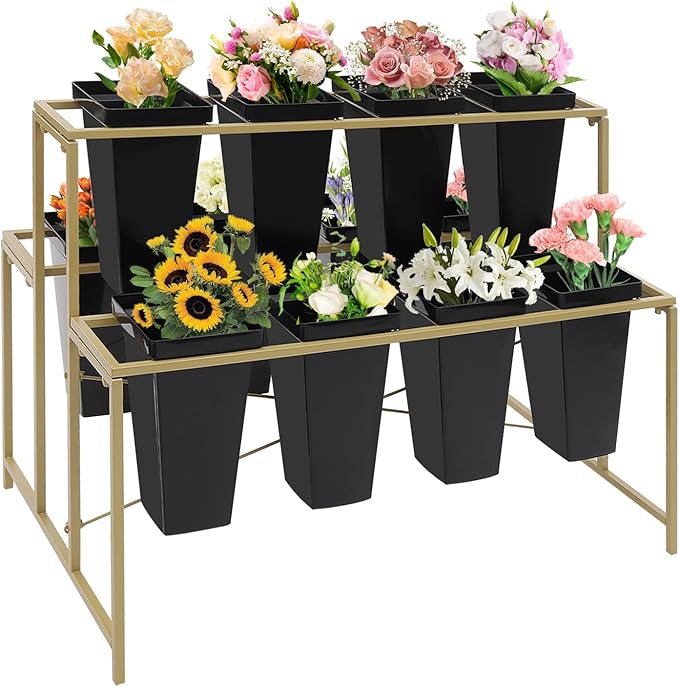 Flower Display Stand with 12 Pcs Buckets 3 Layers Metal Plant Stand Plant Cart Shelf Flower Bucket Rack Stand for Indoor Florist Garden Patio (Gold Stand-Black Square Buckets)