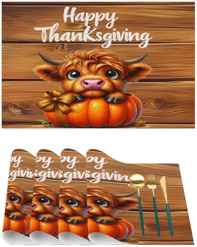 Thanksgiving Pumpkin Highland Cow Placemats Set of 6 PVC Vinyl Non Slip Table Mats Heat Resistant Place Mats Washable Wipeable Dining Table Mat for Kitchen Decor Party Indoor Outdoor Decorative Gift