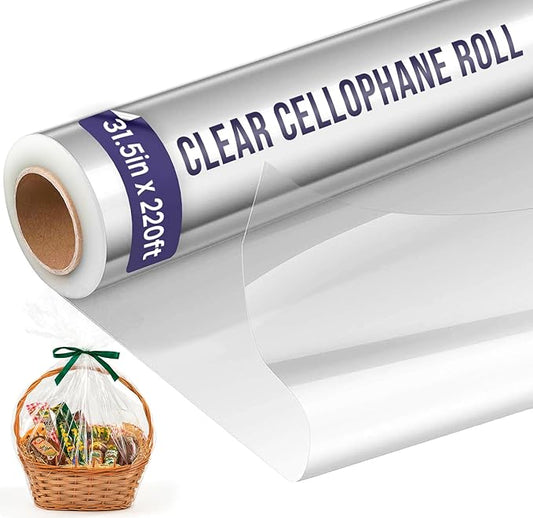 Clear Cellophane Wrap Roll (31.5in x 220ft) Folded Cellophane Wrap for Gift Baskets, Cellophane for Flowers Bouquets