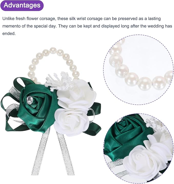 MECCANIXITY Wrist Corsage Artificial Flower Bracelets Rose Wrist Bride Groom Decorative for Wedding Ceremony Prom Party Anniversary Dark Green