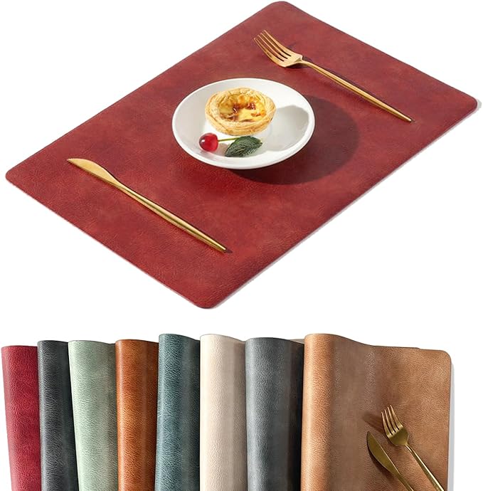 UnivoColors Washed Cowhide Pattern PU Leather Placemats Set of 6 Heat Resistant Kitchen Table Mats, Waterproof Wipeable for Party Decoration(Red)