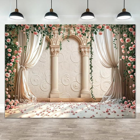 Wedding Party Backdrop, Floral Grass Wall White Sheer Curtain Flower Arch Photography Background, Greek Rose Wall Arch Lover Marriage Proposal Bridal Reception Photo Booth Props Banner 20x10ft