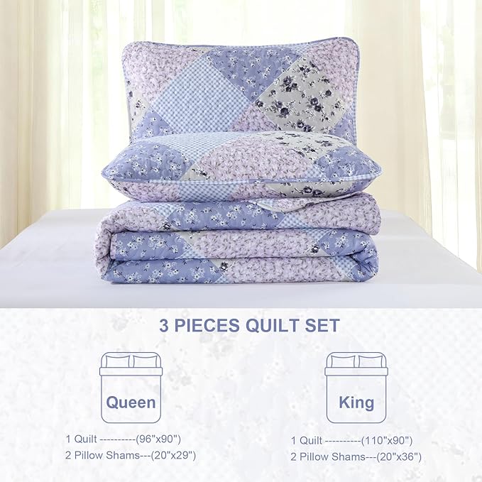 Dinjoy Lavender Quilt Set Queen Size, Reversible Floral Plaid Patchwork Pattern Bedding Set Soft Microfiber Lightweight Bedspread Coverlet 3 Piece Spring Summer Use (90x96inches)