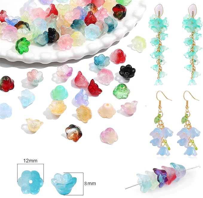LadayPoa 100pcs Glass Bellflower Beads for Jewelry Making Mixed Color Trumpet Flower Beads Gradient Clear Cute Beads for Bracelets Making Aesthetic Beads Charms for DIY Necklace Decoration Gifts
