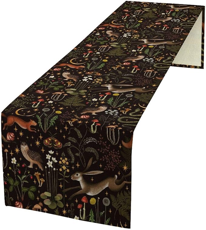 Rustic Forest Table Runner, Farmhouse Country Fairy Woodland Wild Animals Butterfly Mushroom Table Runner for Home Kitchen Dining Table Decor, 13x60inch