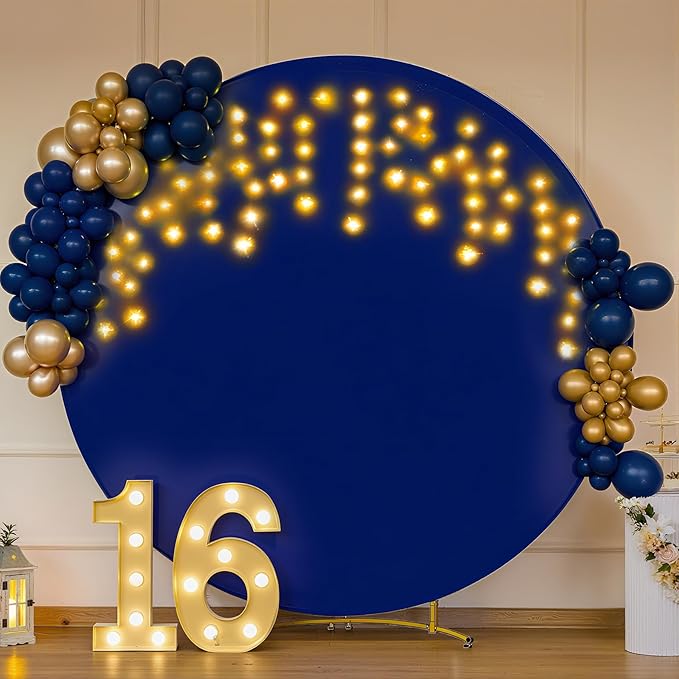 6.6 FT Navy Blue Round Backdrop Cover with Lights String for Circle Arch Stand Circle Backdrop Covers with LED Fairy Lights for Wedding Arch Baby Shower Birthday Party Photo Photography Background