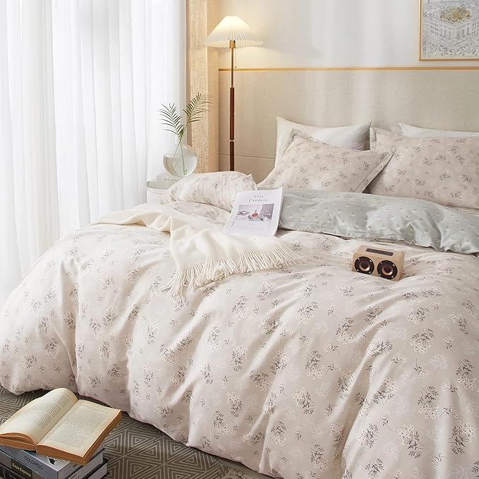 HighBuy Boho Floral Duvet Cover Twin XL Cotton Aesthetic Bedding Set,Comforter Cover 3 Piece,Reversible Green Garden Lightweight,Soft,Zipper Closure,Breathable,All Season