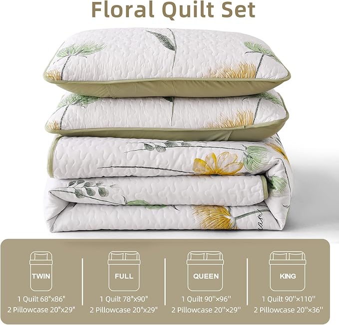 Dinjoy Quilt Set Full Size Yellow Green, Floral Bedspreads 3 Pieces Reversible Quilts Bedding Set Microfiber Lightweight Bedspread Coverlet Farmhouse Set for Women Girls 78"x90"