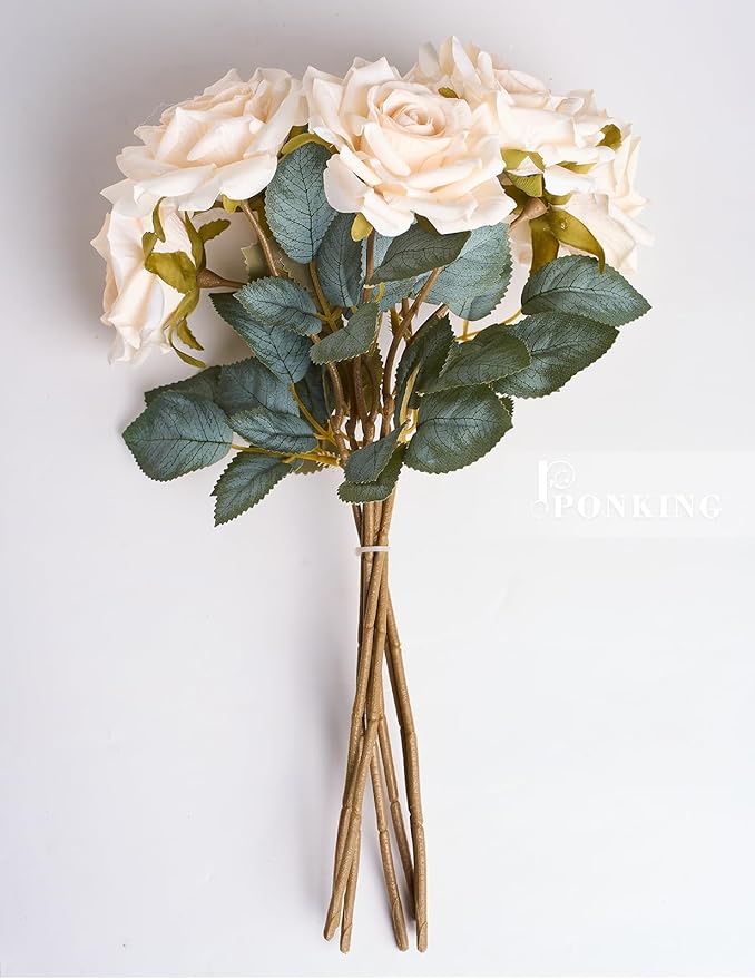 3.1"(8cm) Manta Rose Artificial Flower 7pcs Realistic Faux Silk Roses Fake Flowers Bouquets Arrangements Decor for Wedding Spring Mother's Day, Home Table Decorations, Beige Flower