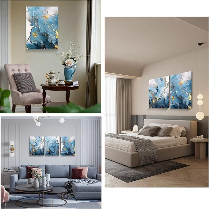 SERIMINO Blue Abstract Canvas Wall Art for Living Room, Navy and Gold Fluid Marble Wall Decor for Bedroom, Bathroom, Office, Home Decor, Set of 3 Print Painting, 16"X24"
