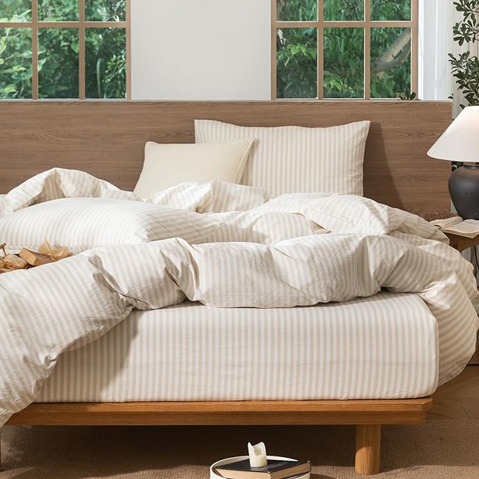 MooMee Striped Duvet Cover Set 100% Washed Cotton Linen Like Textured Breathable Durable Soft Comfy (Almond Milk Grey Classic Stripes, Super King 108"x98")