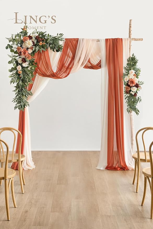 Ling's moment Fall Wedding Arch Flowers with Sheer Drapes Kit - Artificial Terracotta and Burnt Orange Floral for Ceremony Backdrop, Arbor Decor, 5-Piece Set (2 Flower Stems + 3 Hanging Drapes)