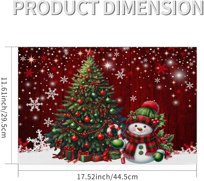 Xmas Christmas Tree Snowman Red Placemats Set of 6 PVC Vinyl Non Slip Table Mats Heat Resistant Place Mats Washable Wipeable Dining Table Mat for Kitchen Decor Party Indoor Outdoor Decorative Gift