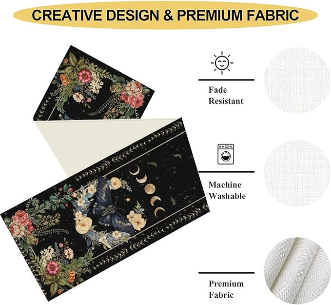 Gothic Moth Table Runner, Boho Vintage Floral Gothic Sun Moon Phase Mystical Witchy Farmhouse Coffee Table Center Decor for Home Kitchen Dining Patio Holiday Party Table Decorations 13x90 inches