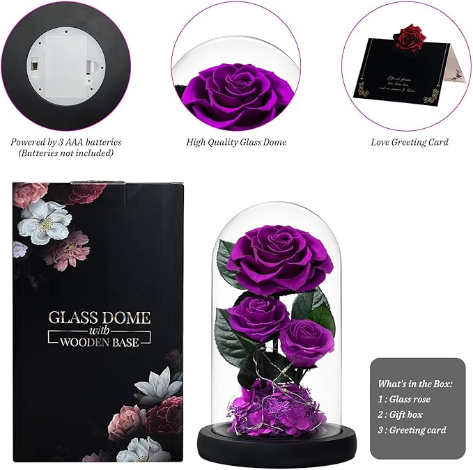 3 Preserved Flowers Roses in Glass Dome with Light for Beauty and The Beast Decor Real Rosas Eternas for Women Mom Birthday,Forever Purple Roses for Delivery, for Wife Girlfriend Her