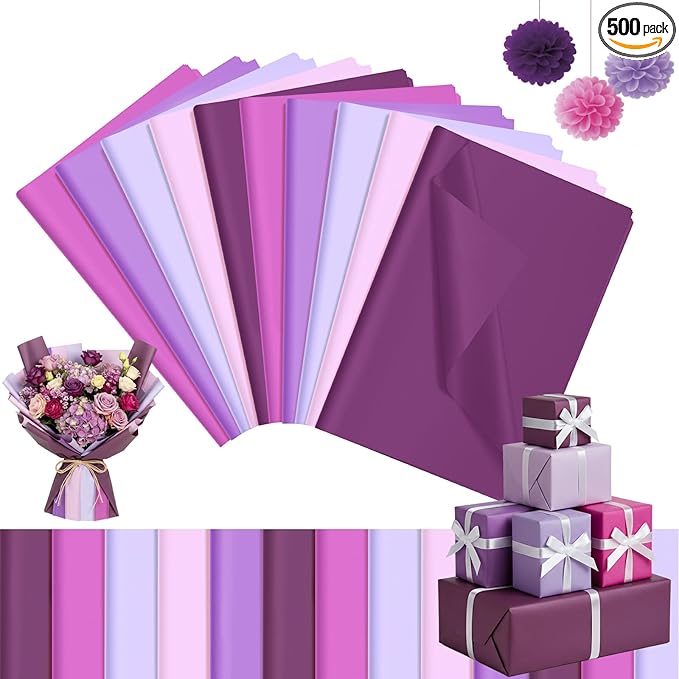 Qilery 500 Sheets Lavender Purple Tissue Paper Bulk for Gift Bags Flower Wrapping 15 x 20 Inch Acid Free Packaging Lavender Paper Sheets for Christmas Decoration DIY Crafts, Wedding, Party, Shipping