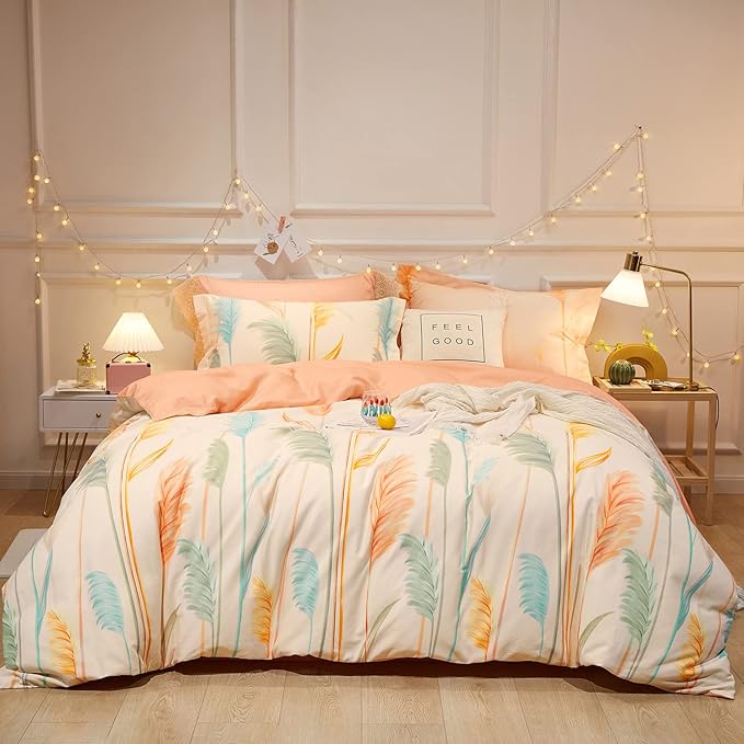 SAPHREAS Plant Reeds Beige Duvet Cover Set Twin Size Cotton 3 Piece Bedding Comforter Duvet Cover Set 1 Duvet Cover 2 Pillow Shams