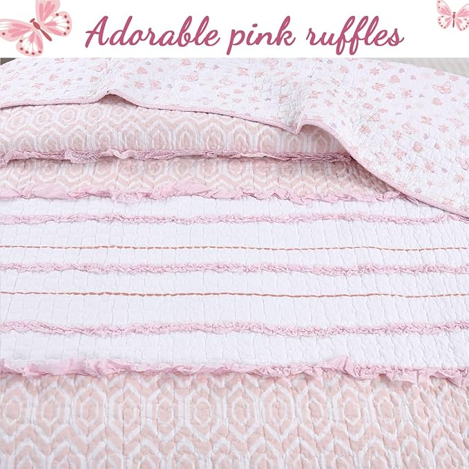 Cozy Line Home Fashions Pretty in Pink Girly Ruffle Stripped 100% Cotton Reversible Quilt Bedding Set, Coverlet, Bedspread (Pink Princess, Queen - 5 Piece: 1 Quilt + 2 Shams + 2 Decor Pillows)