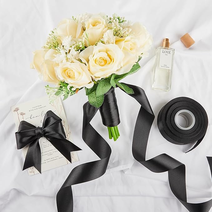1-1/2 Inches 50 Yards Black Satin Ribbon, Solid Fabric Ribbon Roll for Flower Bouquets, Gift Wrapping, Wedding, Handmade Crafts