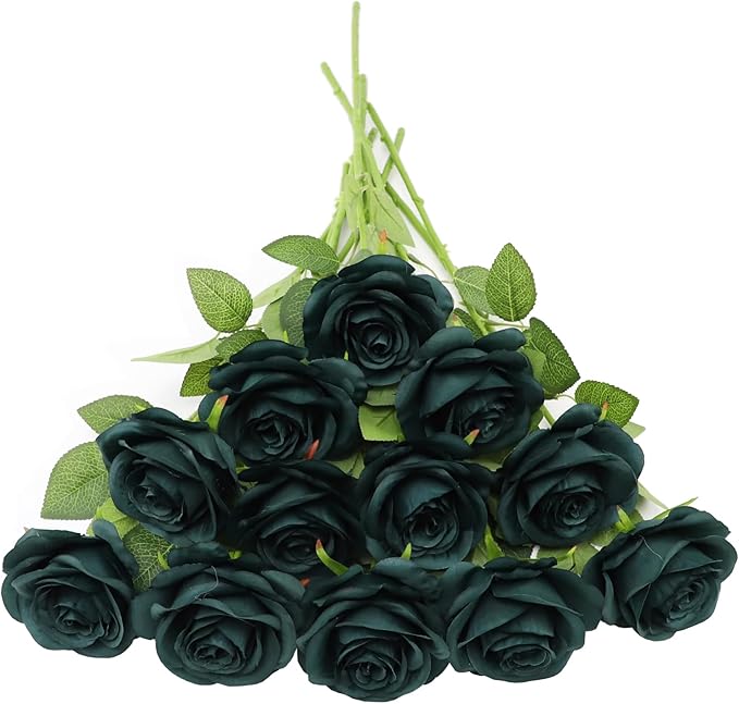 Artificial Rose Flower Artificial Flowers Flower with Long Stem Silk Roses Bouquet for Wedding Bridal Shower Party Home Decoration (Peacock Green, 12 Pcs)
