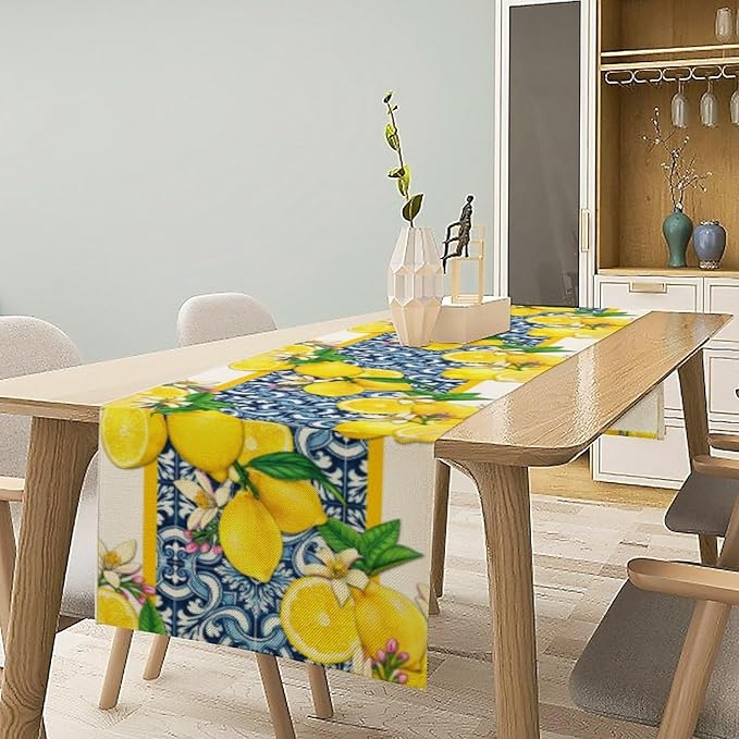 Lemon Table Runner ,Summer Blue Tiles Lemons Kitchen Dining Table Decoration Lemons Table Cover for Indoor Outdoor Home Party Decor, 13 x120 Inch