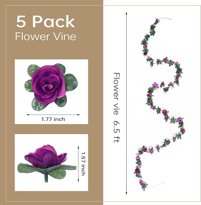 Miracliy 5Pcs 41FT Purple Flower Garland Artificial Rose Arch Vines Fake Spring Floral Garland for Flower Wall Backdrop Wedding Mothers Day Garden Tea Party Decoration