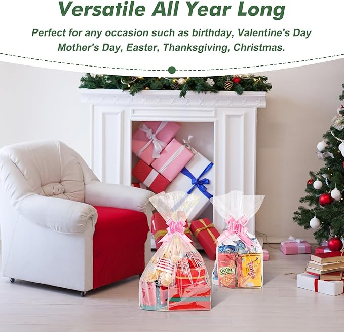 30 Packs 32 x 40 Inches Extra-large Gift Wrap Cellophane Bags for Basket Jumbo Clear Cellophane Wraps Clear Huge Cello Bags for Baskets, Gifts, Christmas Tree, Treat, Art and Craft, 30ct Pink Ribbon Bows