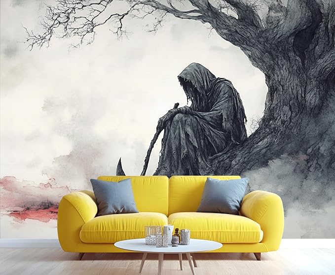 KIREUPA Grim Reaper Sitting Tree Wall Mural, Gothic Death 3d Wall Murals, Gothic Halloween Themed Wallpaper Mural, for Living Room Bedroom Large Wallpaper Indoor Decor 177.16" W x120 H