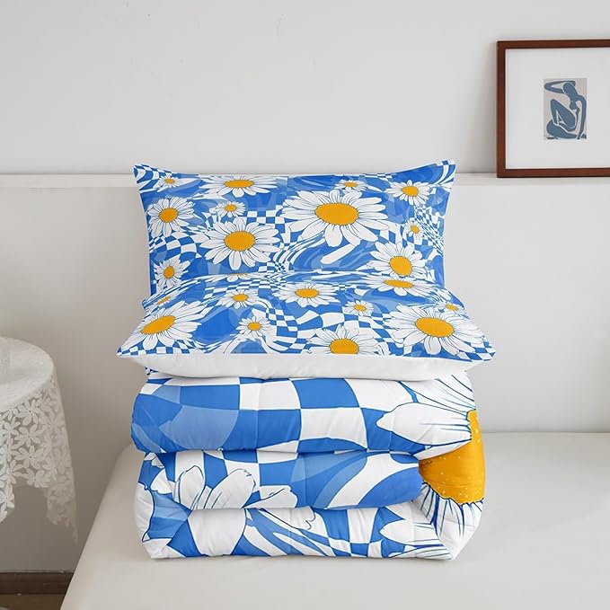 Castle Fairy Kids Abstract Queen Size Comforter Set,White Daisy Flowers Down Comforter Adults Bedroom Decor,Blue Zebra Stripes Geometric Plaid Ultra Soft Microfiber Inner Fill 3Pcs Bedding