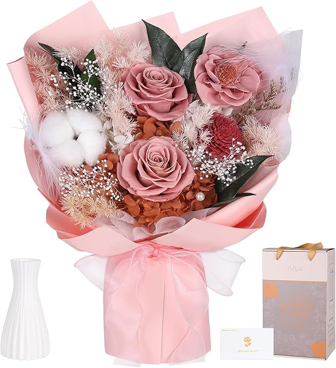 Preserved Bouquet of Flowers - Flesh Forever Flowers for Delivery, Real Eternal Roses Bouquet for Mother Mom, Wife Anniversary Birthday Gifts for Women, Carnation Pink