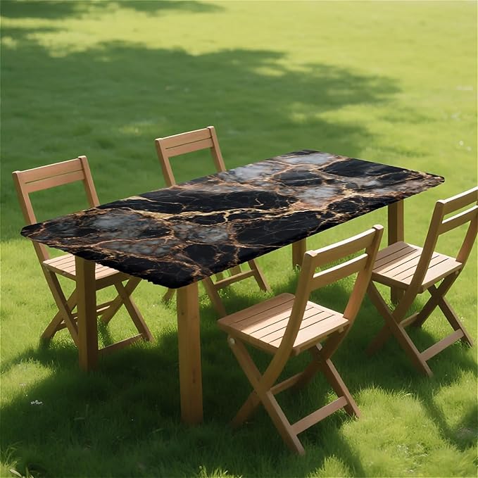 Rectangle Table Cloth Cover Waterproof Elastic Fitted Polyester Fitted Tablecloths for 4 Foot Tables for Indoor,Picnic, Camping, Outdoor （48" x 24"，Black Marble）