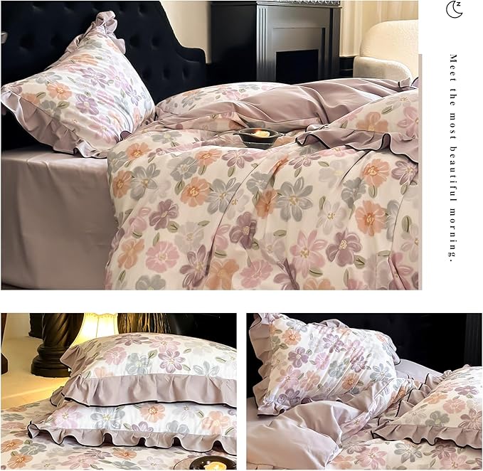 HighBuy Floral Ruffle Duvet Cover Twin Size,Brushed Cotton Soft Coquette Ruffle Flower Bedding Duvet Cover Set,Blush Floral Shabby Chic Farmhouse Duvet Cover and Pillow Shams,Purple - Twin