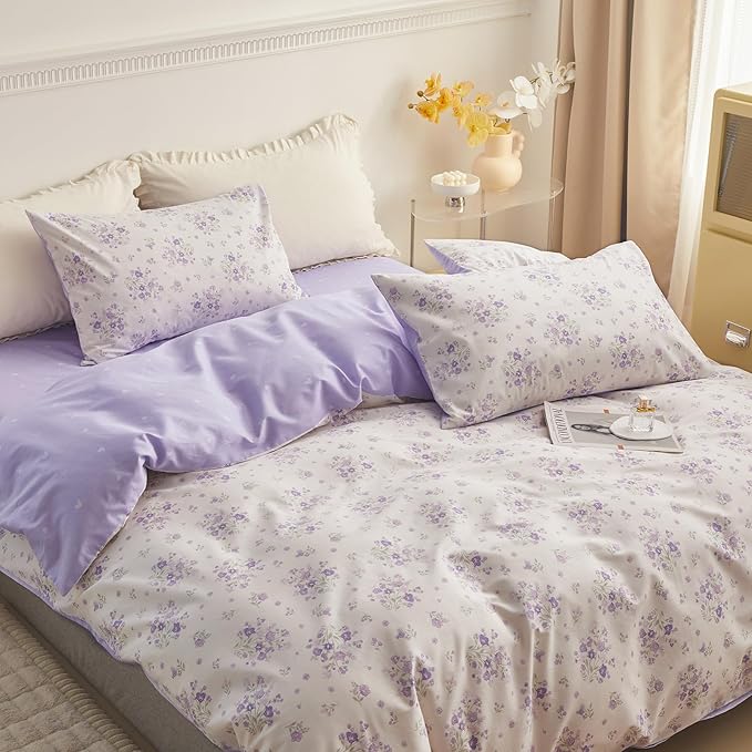 HighBuy Boho Floral Comforter Set Queen Purple Flower Bedding Comforter Set Comfy for Queen Bed,Luxurious Soft Floral Comforter with 2 Pillowcases Women Girl Botanical Cooling Comforter Sets