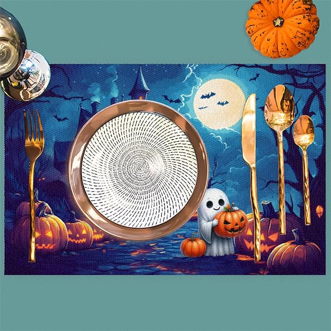Halloween Cute Ghosts Pumpkin Placemats Set of 1 PVC Vinyl Non Slip Table Mats Heat Resistant Place Mats Washable Wipeable Dining Table Mat for Kitchen Decor Party Indoor Outdoor Decorative Gift