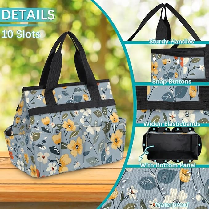 Garden Tool Bag Organizer Garden Tote Bag with Pockets Print Pattern Floral Tool Storage Organizer Gardening Tool Kit Holder 13" x 6.8" x 2.8"