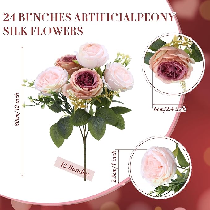 Geosar 24 Bundles Artificial Peonies Flowers Fake Silk Peony Bouquet Faux Peonies Flowers Bulk for Decoration Vase Floral Arrangements Wedding Party Table (Dusty Rose)