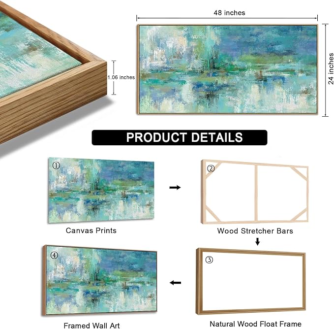 VEAEE Framed Abstract Wall Art - Teal Turquoise Green Colorful Modern Canvas Pictures, Living Room Wall Decor, Contemporary Landscape Painting Prints for Bedroom Bathroom Office Decor 24" x 48"