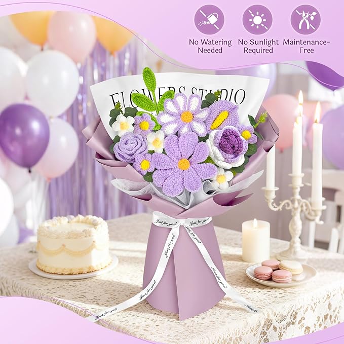 Crochet Flower Bouquet, Purple Knitted Flowers, Handmade Crochet Roses Calla Lily Gasang for Lover Anniversary Birthday Party Mother's Day Graduation Gifts (Purple)
