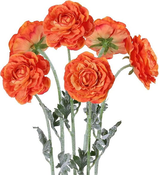 6Pcs Orange Ranunculus Artificial Flowers 19.7’’ Silk Ranunculus Flowers Fake Peonies with Stems for Home Wedding Dining Table Party Garden Decoration(Orange)