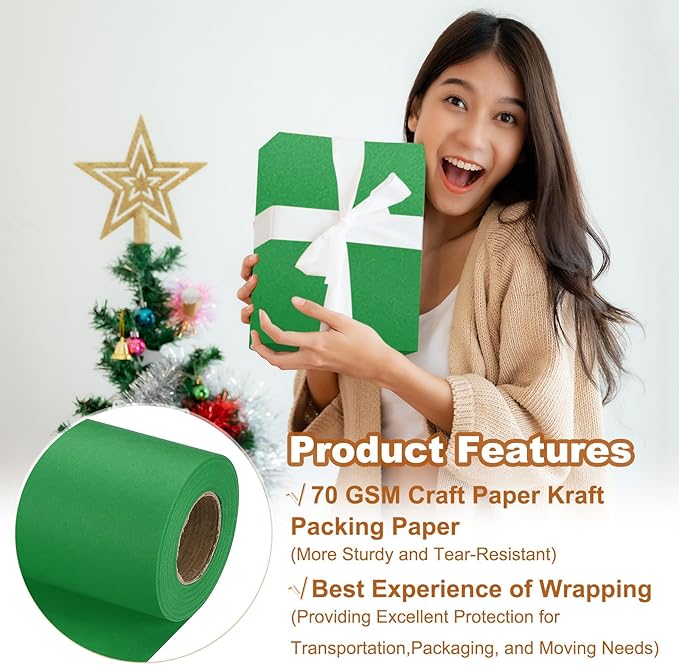 PATIKIL Wrapping Paper, 15" x 500"(42') 70 GSM Craft Paper Roll Kraft Packing Paper for Poster Bulletin Board, Gift Wrapping, Green
