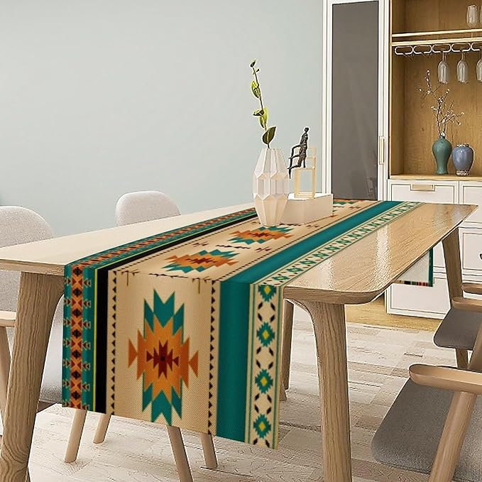 Aztec Southwest Table Runner, Ethnic Style Design Geometric Triditional Kitchen Table Runners Table Setting Decor for Garden Farmhouse Wedding Party Holiday Dinner Home, 13x108 Inch
